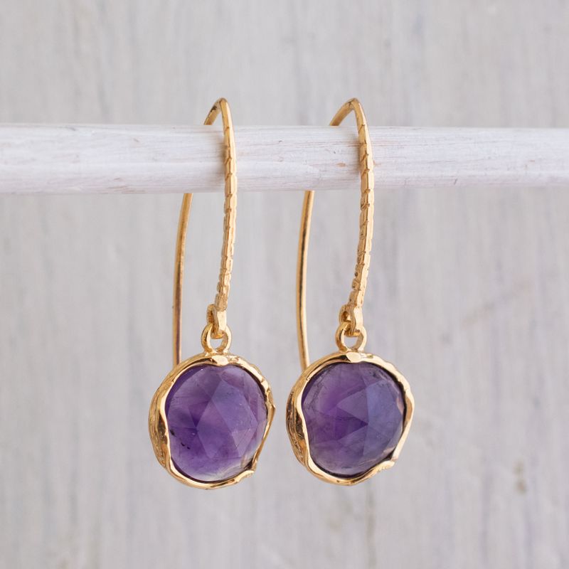 Gold Plated Round Amethyst 12mm Dangle Earrings