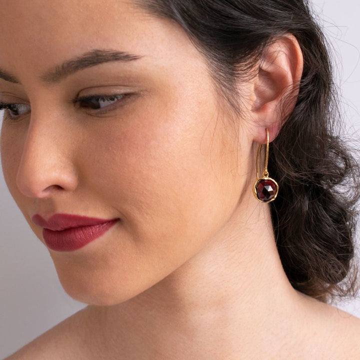 Gold Plated Round Garnet Rose Cut 12mm Dangle Earrings