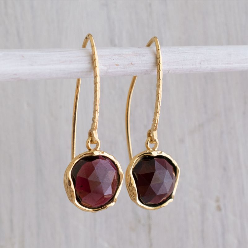 Gold Plated Round Garnet Rose Cut 12mm Dangle Earrings