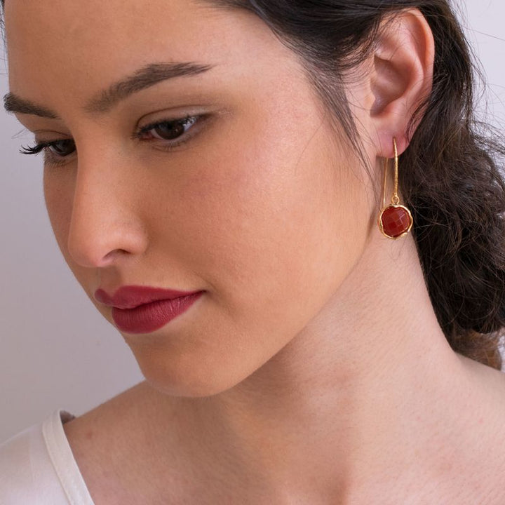 Gold Plated Round Red Carnelian 12mm Dangle Earrings