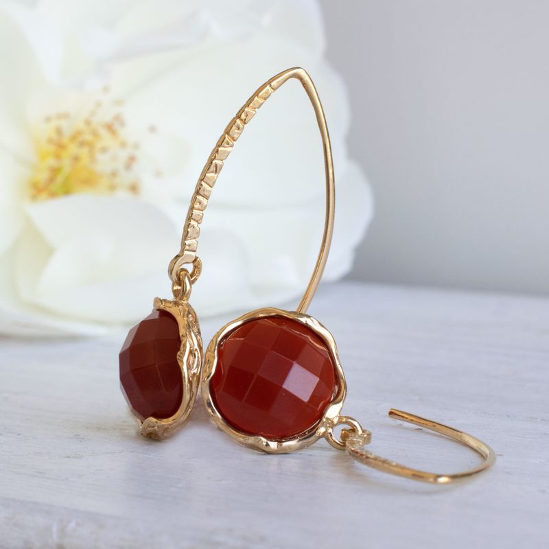 Gold Plated Round Red Carnelian 12mm Dangle Earrings