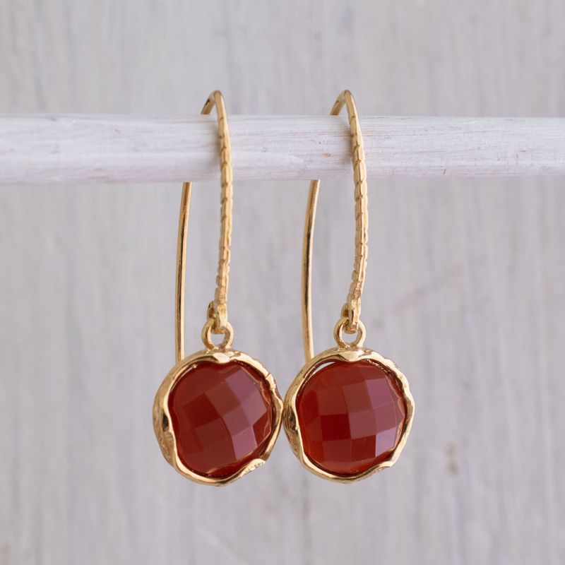 Gold Plated Round Red Carnelian 12mm Dangle Earrings