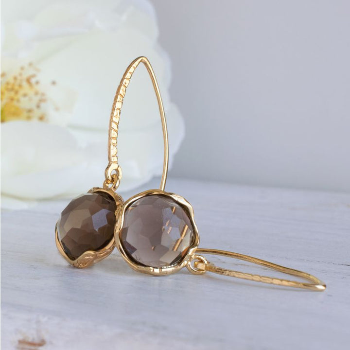 Gold Plated Round Smoky Quartz 12mm Dangle Earrings