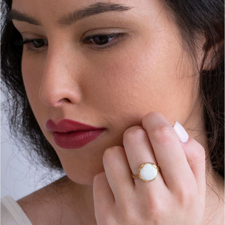 Gold Plated White Opal Sizable Large Statement Ring