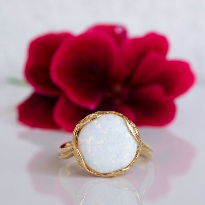 Gold Plated White Opal Sizable Large Statement Ring