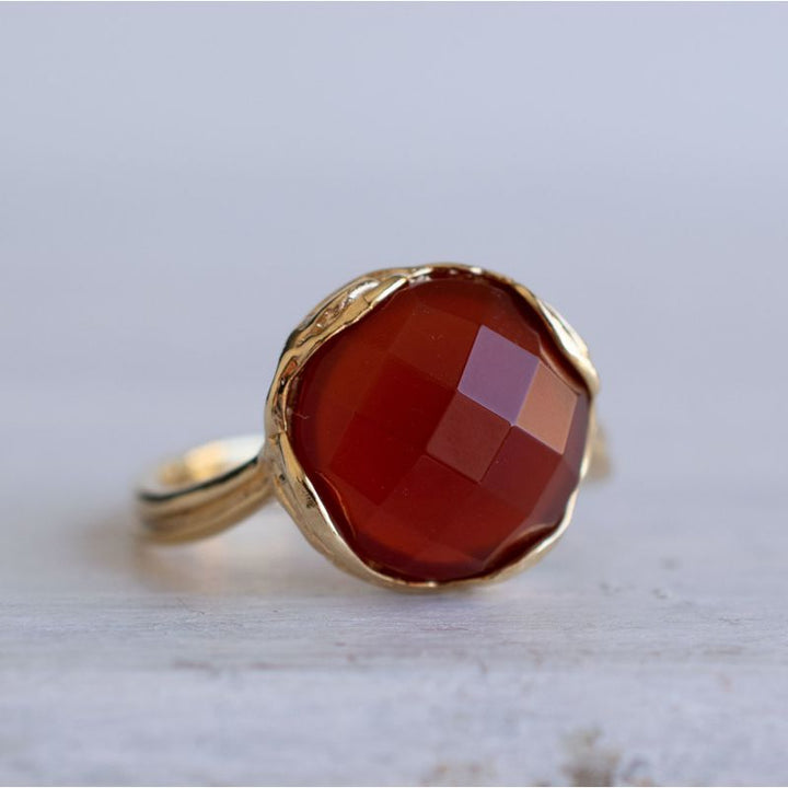 Gold Plated Red Carnelian Rose Cut Sizable Large Statement Ring