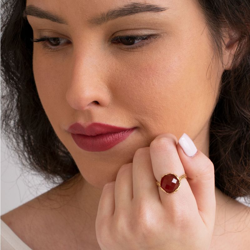 Gold Plated Red Carnelian Rose Cut Sizable Large Statement Ring