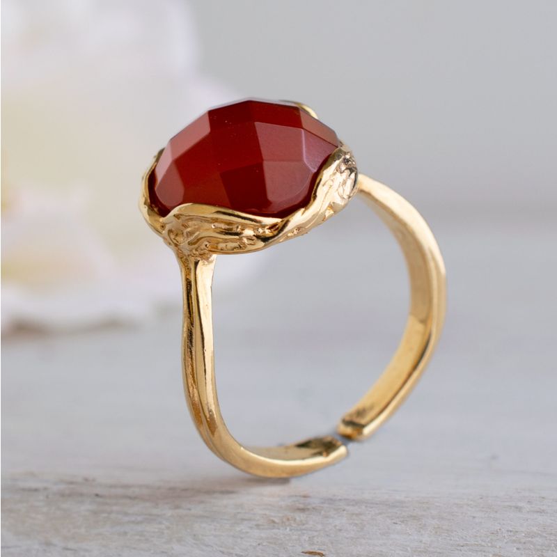 Gold Plated Red Carnelian Rose Cut Sizable Large Statement Ring