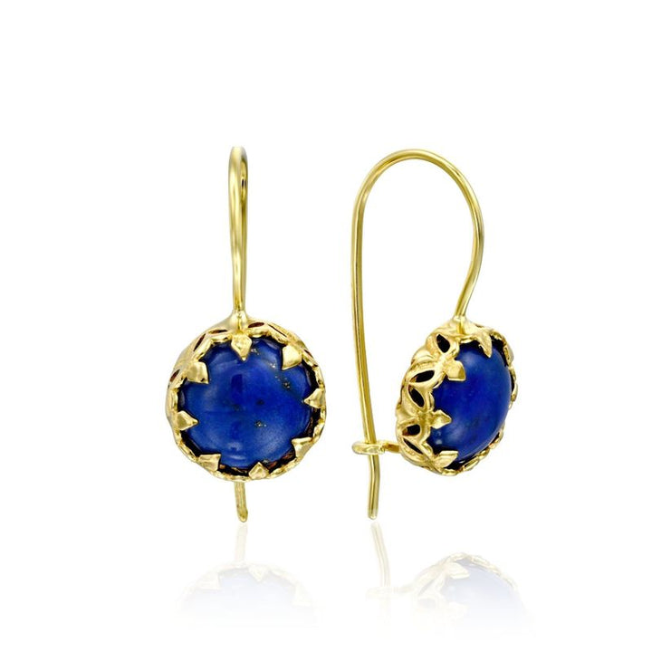 14K Yellow Gold Round Blue Lapis Lazuli 8mm Dangle Decorate Earrings