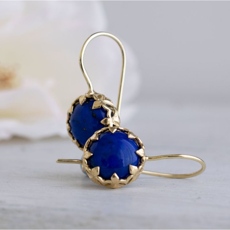 14K Yellow Gold Round Blue Lapis Lazuli 8mm Dangle Decorate Earrings