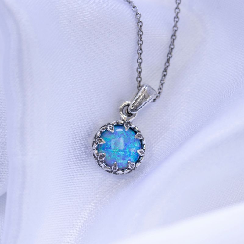 Silver Round Pendant Inlaid with Blue Opal