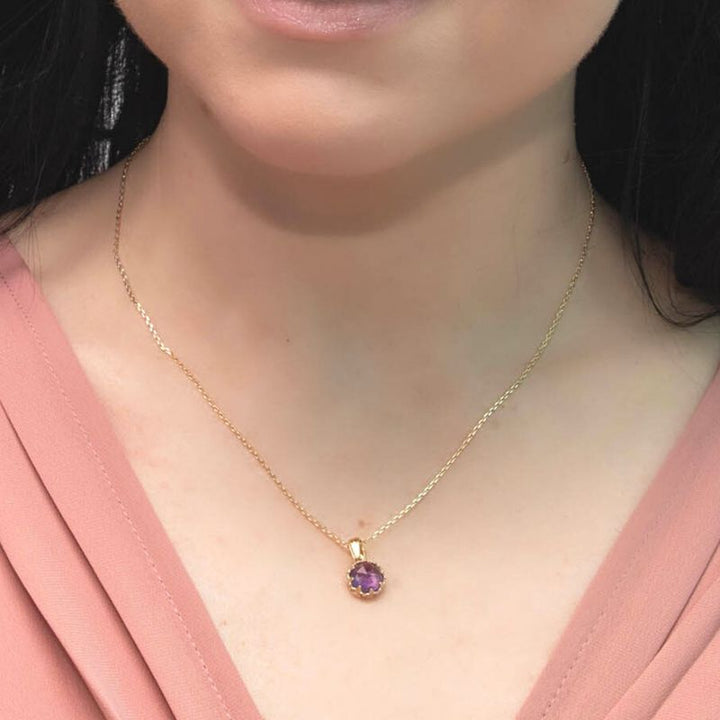 Gold Plated Round Pendant Inlaid with Amethyst