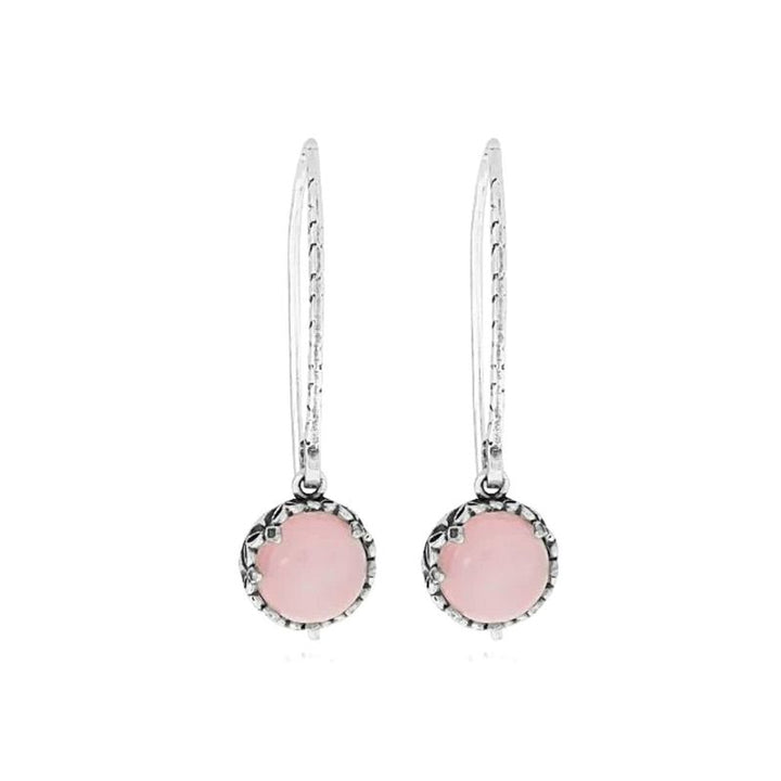 Silver Round Drop Earrings Inlaid with Rose Quartz