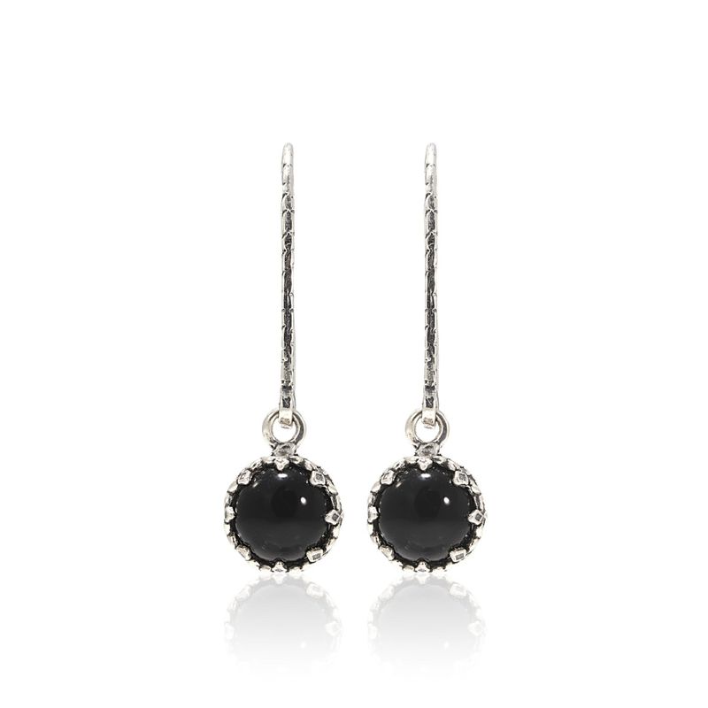 Silver Round  Drop Earrings Inlaid with Onyx