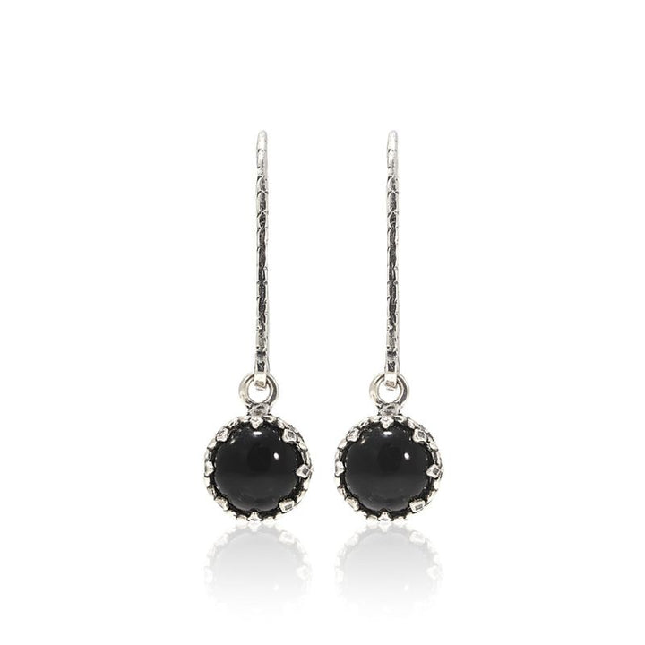 Silver Round  Drop Earrings Inlaid with Onyx