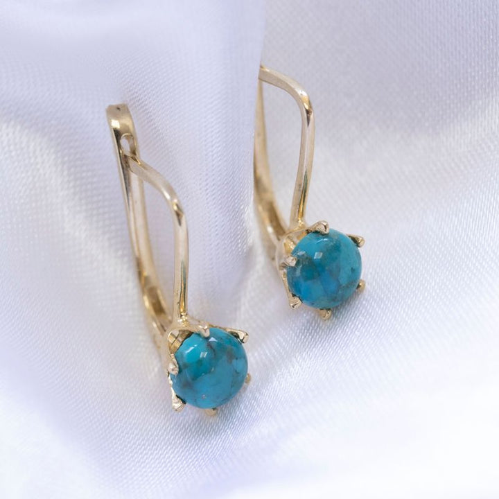 14K Yellow Gold Drop Earrings Inlaid With Turquoise