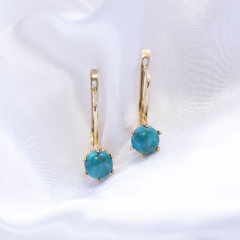 14K Yellow Gold Drop Earrings Inlaid With Turquoise