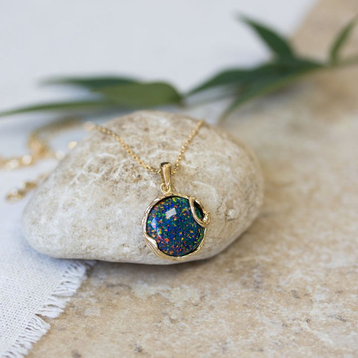 Yellow Gold Plated Black Opal 14mm Large Pendant