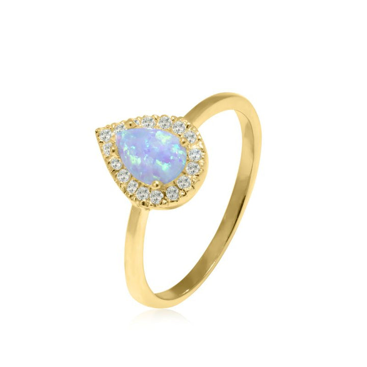 14K Yellow Gold Teardrop Blue Opal 5X7mm Ring