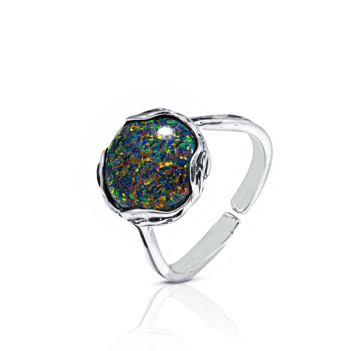 925 Sterling Silver Round Black Opal 12mm Ring