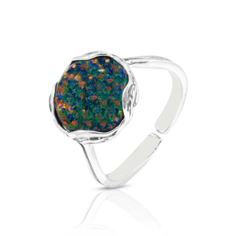925 Sterling Silver Round Black Opal 12mm Ring
