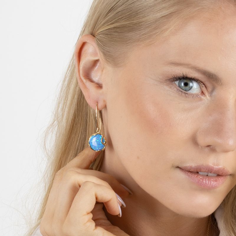 Yellow Gold Plated Drop Earrings inlaid with Blue Opal