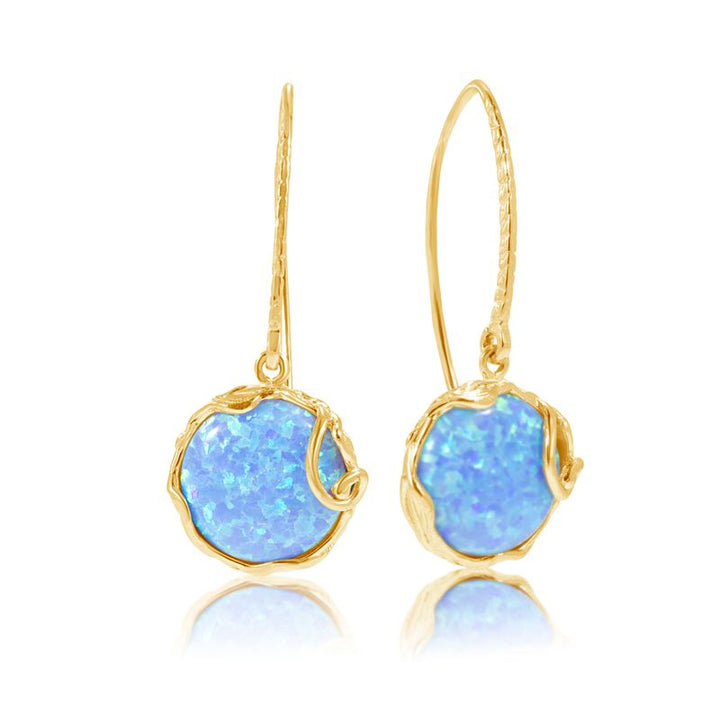 Yellow Gold Plated Drop Earrings inlaid with Blue Opal
