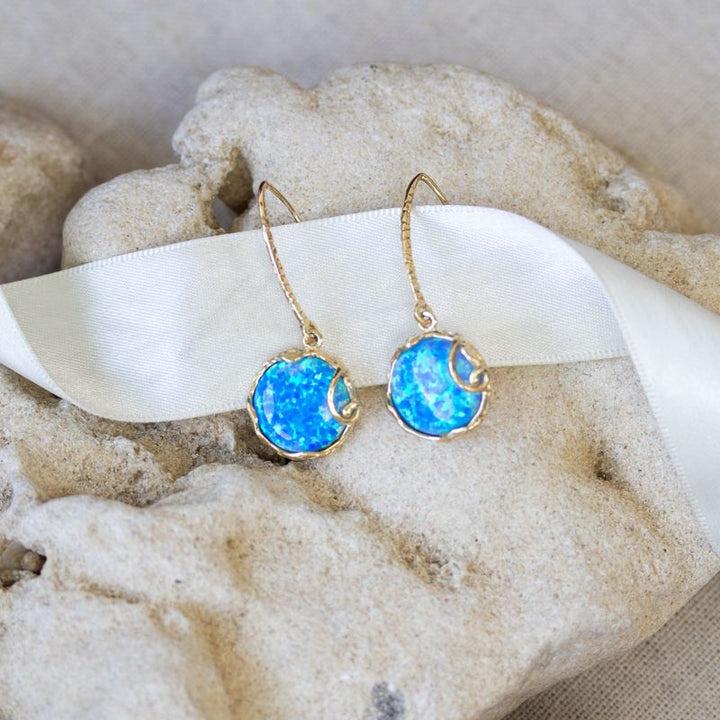 Yellow Gold Plated Drop Earrings inlaid with Blue Opal