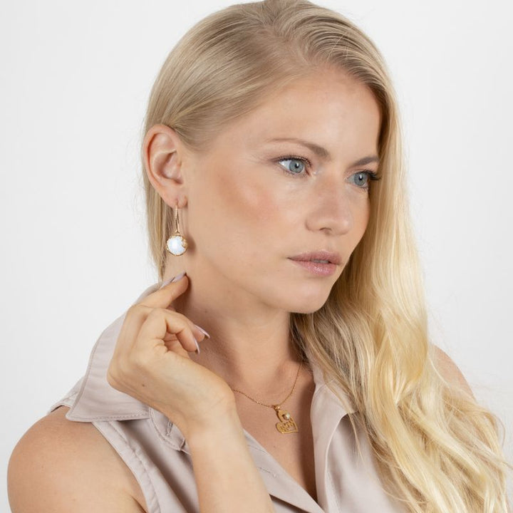 Yellow Gold Plated Drop Earrings inlaid with White Opal