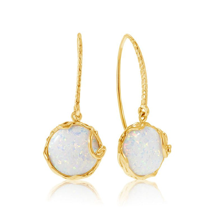 Yellow Gold Plated Drop Earrings inlaid with White Opal