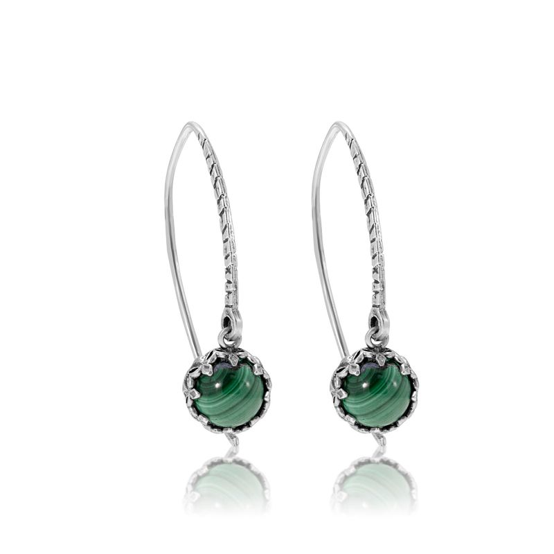 Silver Round  Drop Earrings Inlaid with Green Malachite