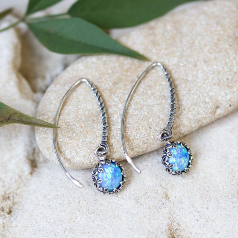 Silver Round  Drop Earrings Inlaid with Blue Opal