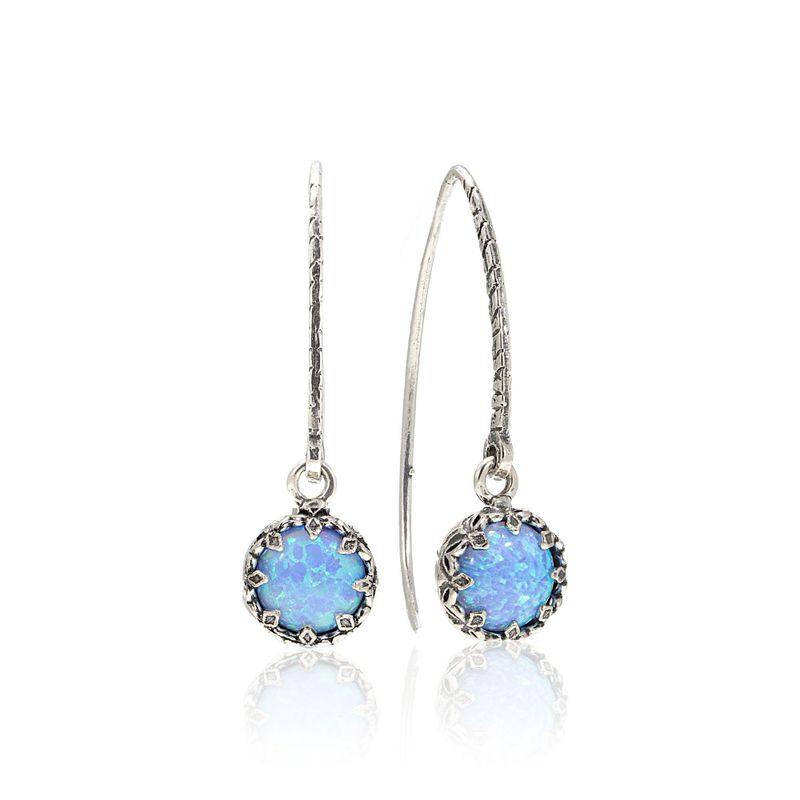 Silver Round  Drop Earrings Inlaid with Blue Opal