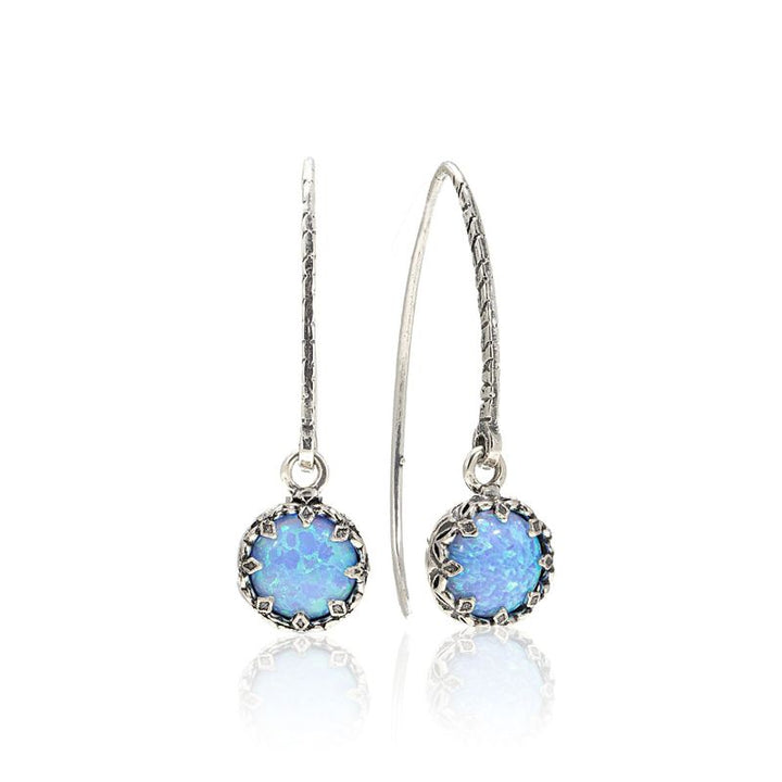 Silver Round  Drop Earrings Inlaid with Blue Opal