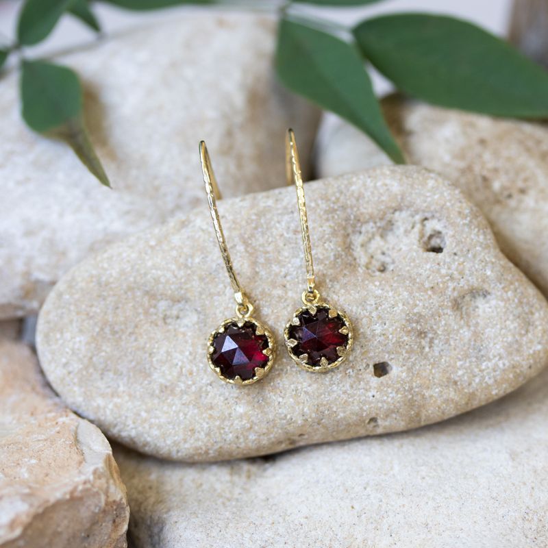 Yellow Gold Plated Drop Earrings Inlaid with Red Garnet