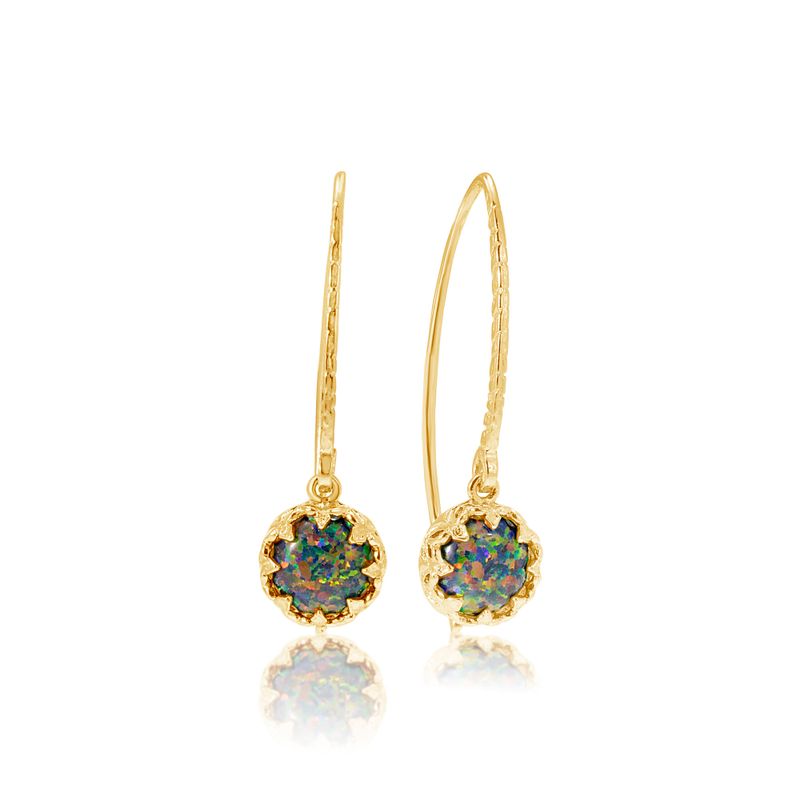 Yellow Gold Plated Drop Earrings Inlaid with Black Opal