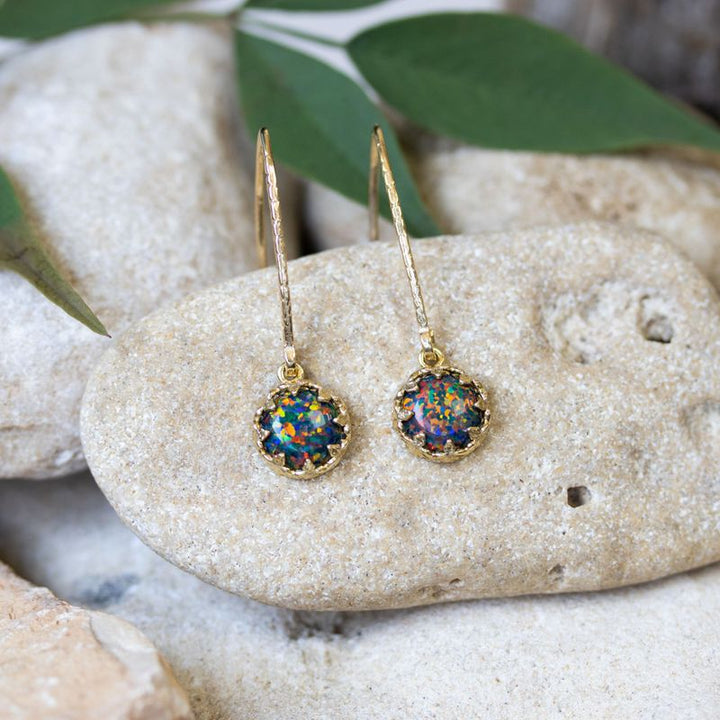 Yellow Gold Plated Drop Earrings Inlaid with Black Opal