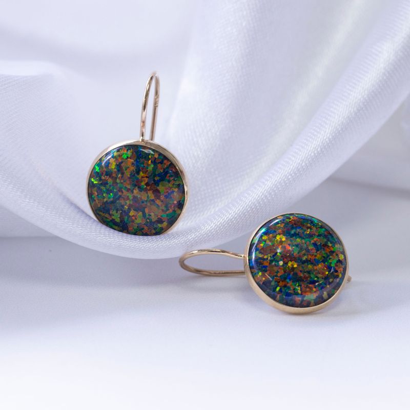 14K Yellow Gold Round Dangle Earrings Inlaid with Black Opal