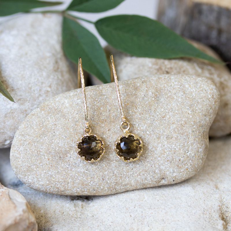 Yellow Gold Plated Drop Earrings Inlaid with Brown Smoky Quartz