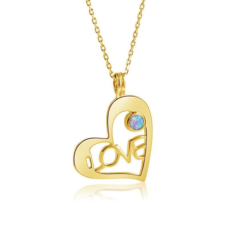 Yellow Gold Plated Heart LOVE Shape Pendant inlaid with Blue Opal
