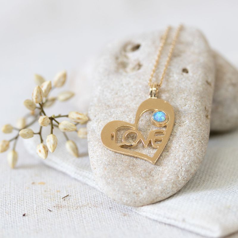 Yellow Gold Plated Heart LOVE Shape Pendant inlaid with Blue Opal