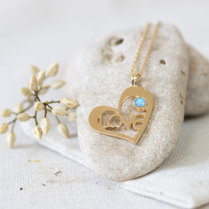 Yellow Gold Plated Heart LOVE Shape Pendant inlaid with Blue Opal