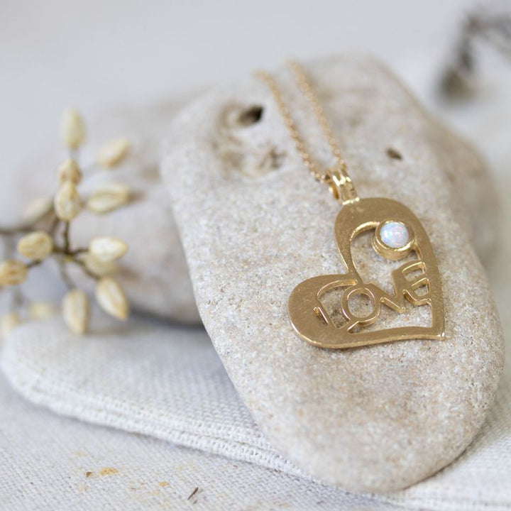 Yellow Gold Plated Heart LOVE Shape Pendant inlaid with White Opal