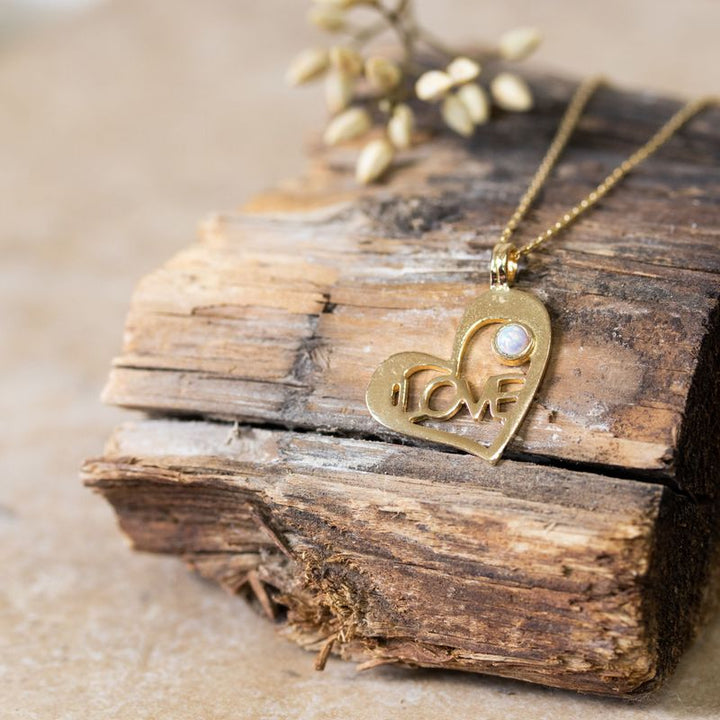 Yellow Gold Plated Heart LOVE Shape Pendant inlaid with White Opal