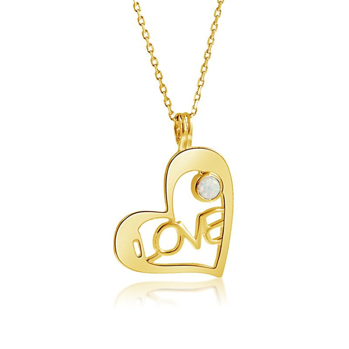 Yellow Gold Plated Heart LOVE Shape Pendant inlaid with White Opal