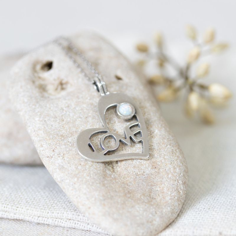 925 Silver Heart LOVE Shape Pendant inlaid with White Opal