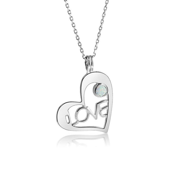 925 Silver Heart LOVE Shape Pendant inlaid with White Opal