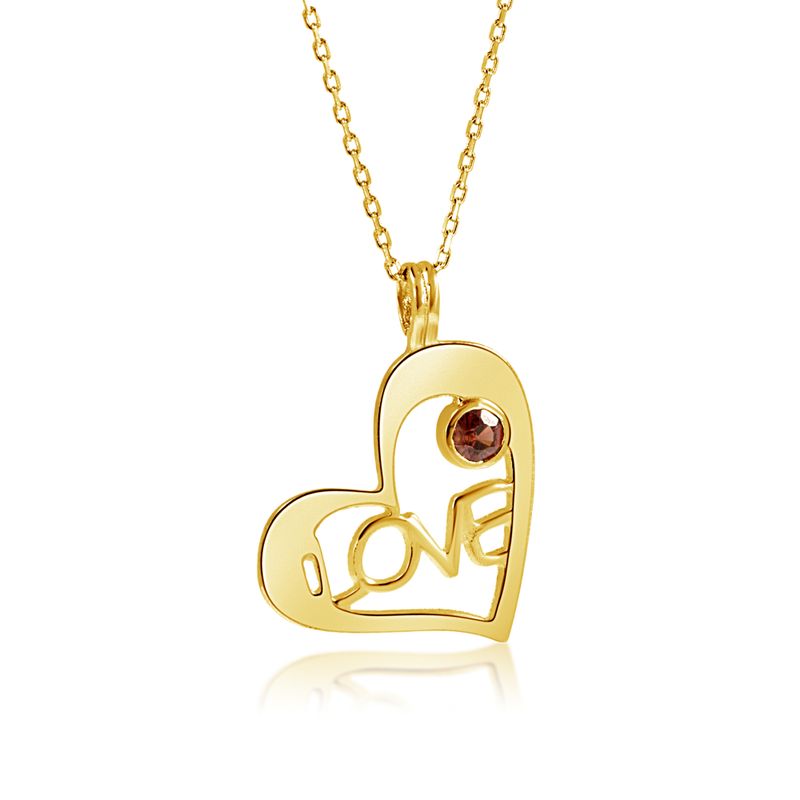 Yellow Gold Plated Heart LOVE Shape Pendant inlaid with Garnet