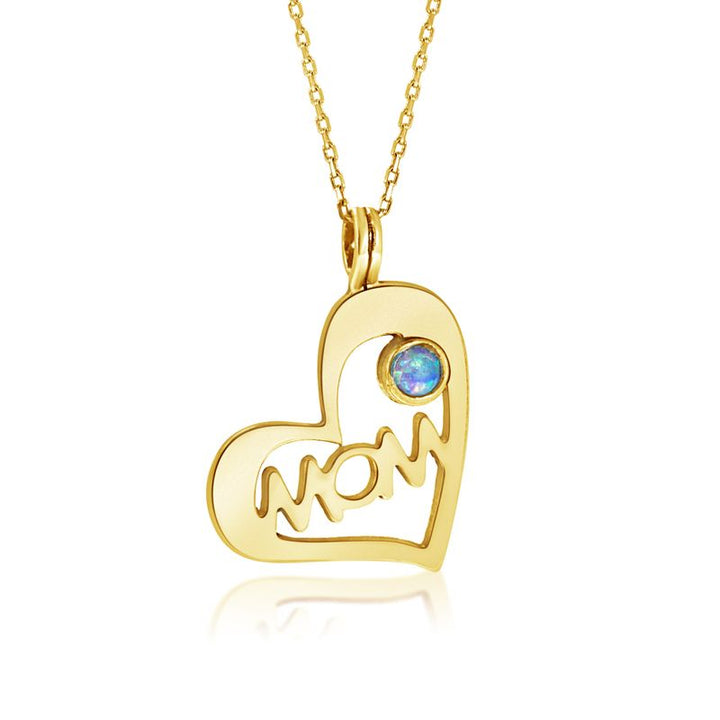 Yellow Gold Plated Pendant Shape MOM Inlaid With Blue Opal