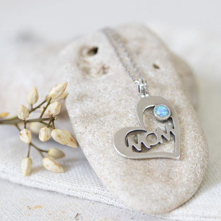 925 Silver Heart MOM Shape Pendant inlaid with Blue Opal